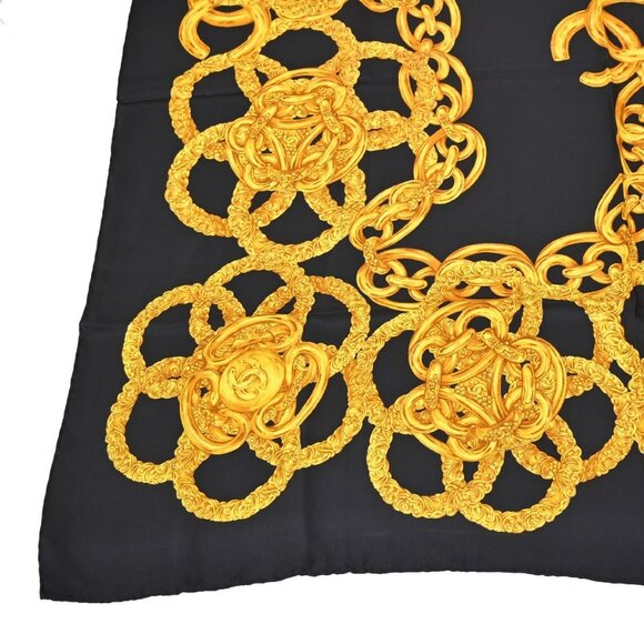 CHANEL CC Logo XL 96cm Scarf Handkerchief 100% Silk Black Italy - Picture 2 of 6